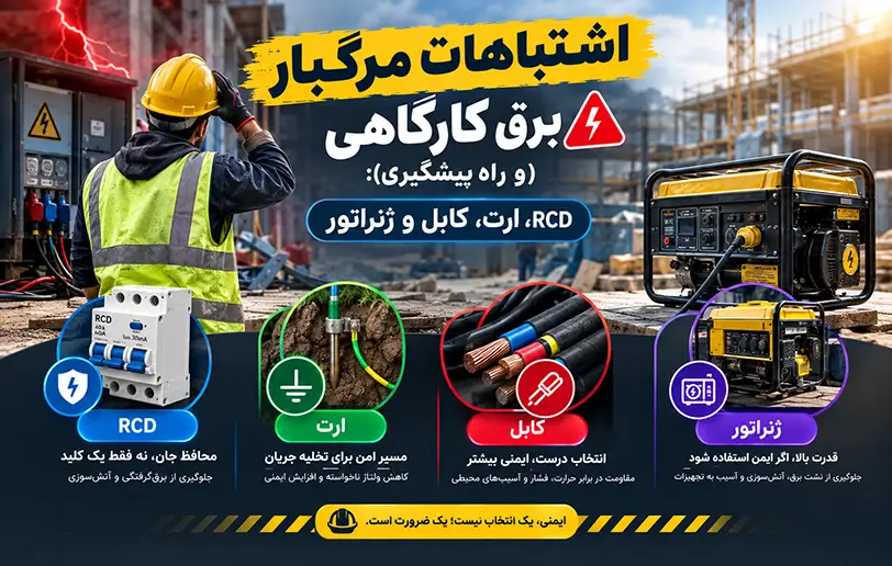 اشتباهات مرگبار برق کارگاهی (و راه پیشگیری): RCD، ارت، کابل و ژنراتور 1 اشتباهات مرگبار برق کارگاهی (و راه پیشگیری): RCD، ارت، کابل و ژنراتور